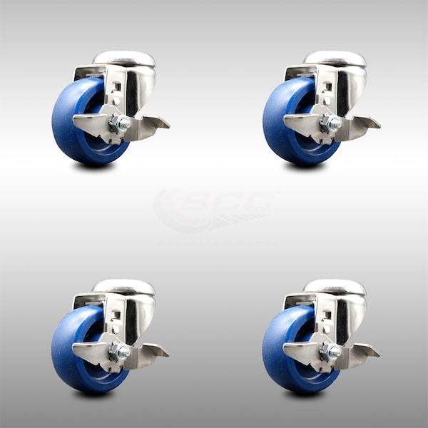 3 Inch 316SS Solid Polyurethane Wheel Swivel Bolt Hole Caster Set with Brake SCC